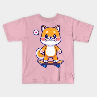 Cute Shiba Inu Bite Bone On Skateboard Cartoon Kids T-Shirt